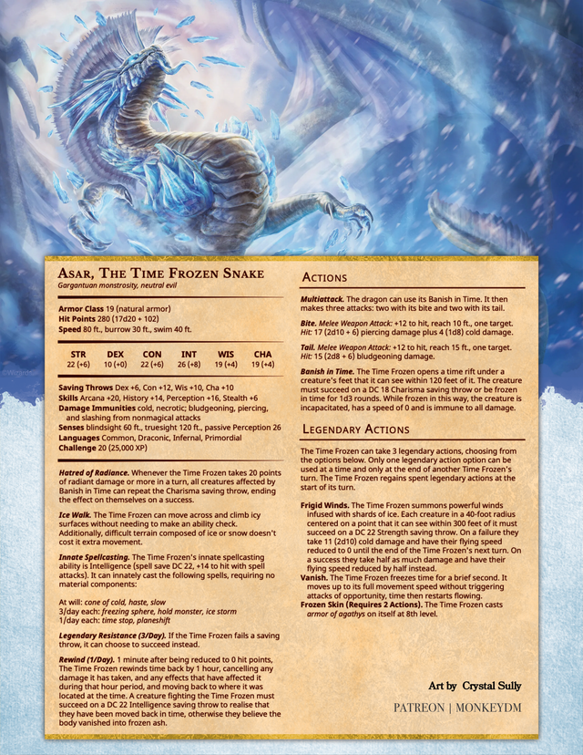 Asar, the Time Frozen Snake - A D&D 5e Monster Who Controls Ice & Time