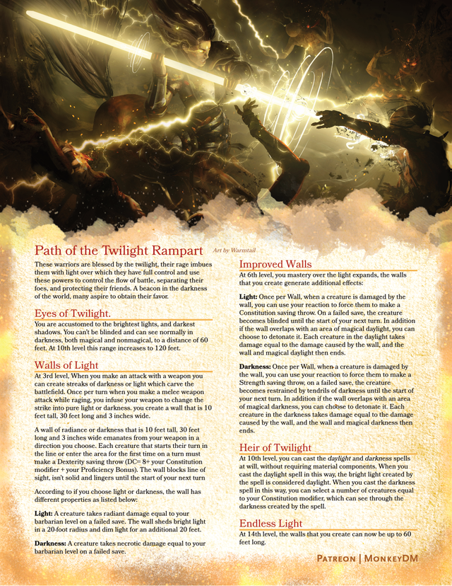 Barbarian: Path of the Twilight Rampart - D&D 5e - Divide Combat with Walls of Light & Darkness