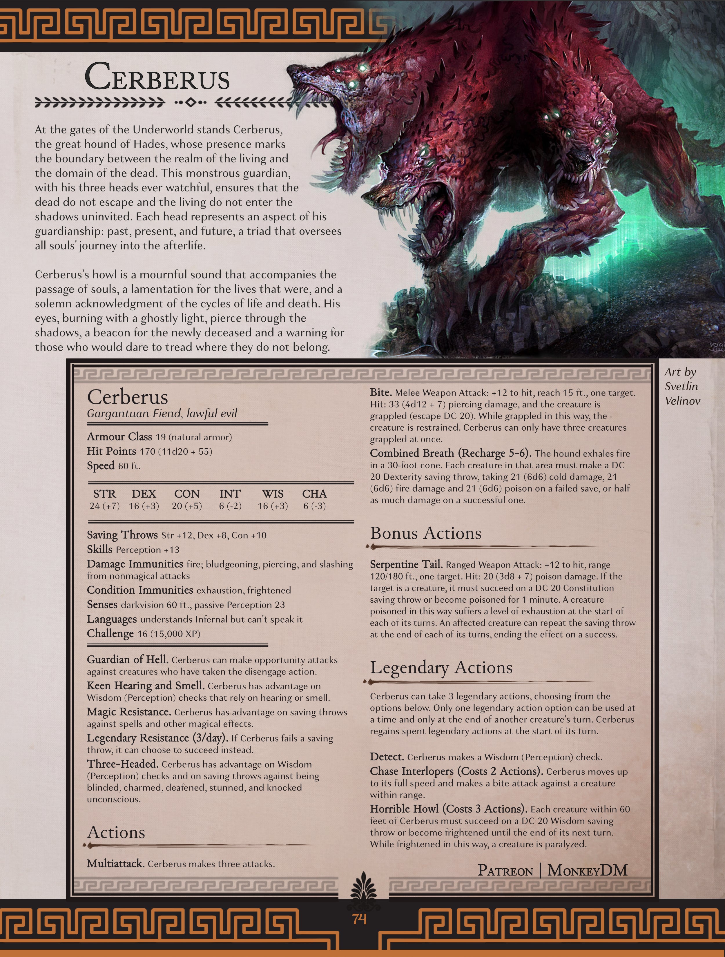 D&D 5e Monster: Cerberus - Guardian of the underworld, ready to halt any foolish enough to trespass in Hades' domain [Wrath of Olympus]