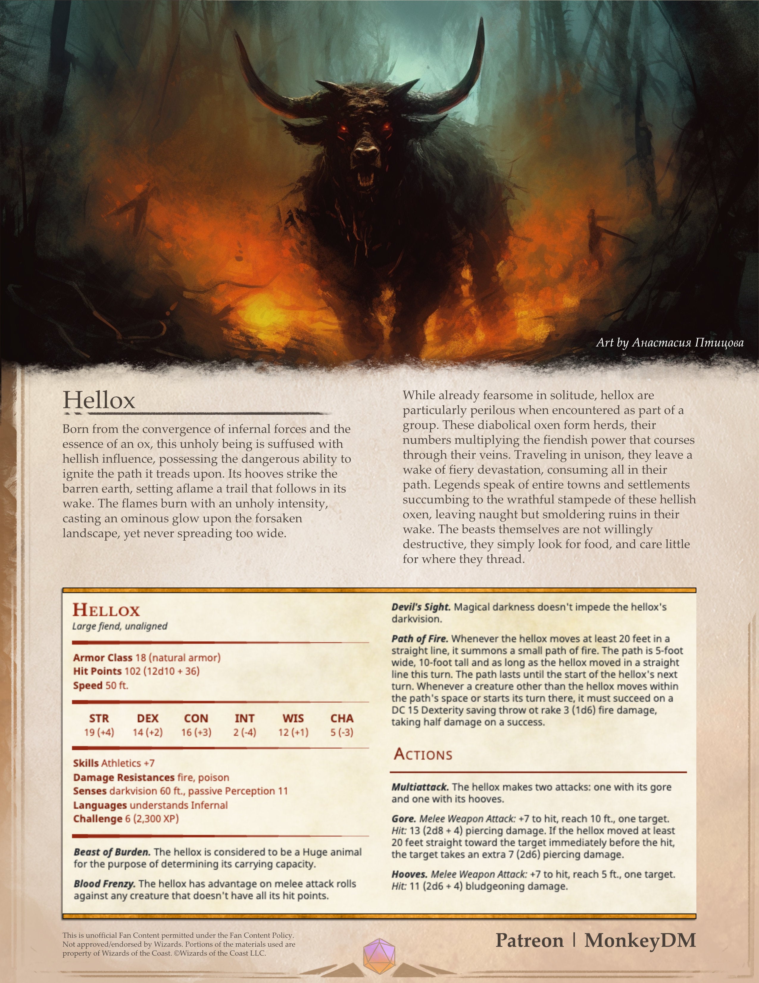D&D 5e Monster - Hellox: Bulls corrupted by the influence of Hell [Cowboys From Hell]