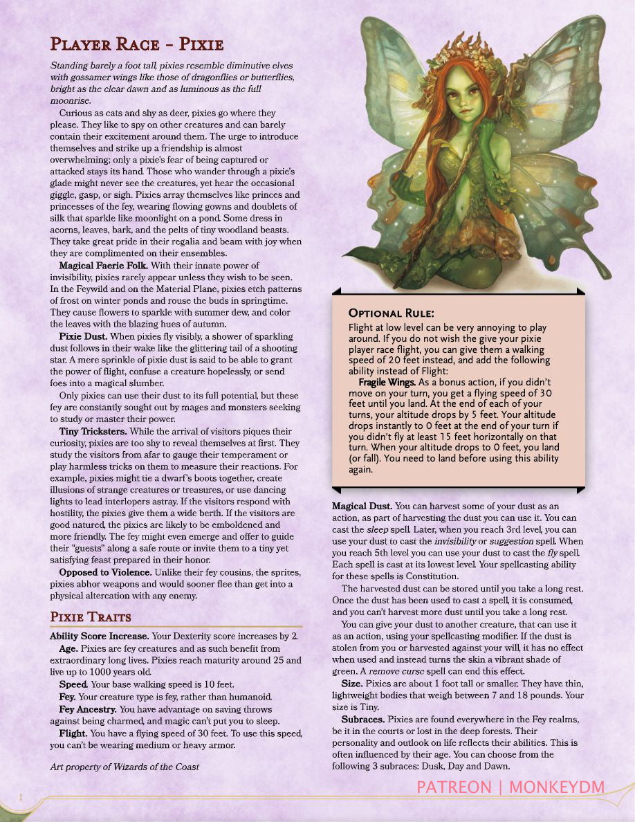 Player Race - Pixies. Play the tiniest adventurer with the biggest of heart